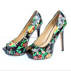 Black Floral Heels Shoes Floral Heels High Heels 7.5 Black Pumps Black Heels
